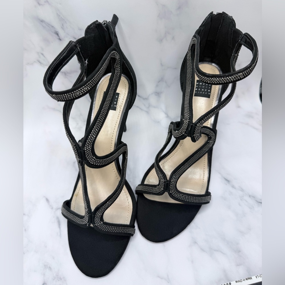 WHBM Brielle Black Rhinestone Strap Heels Size 8 White House Black Market